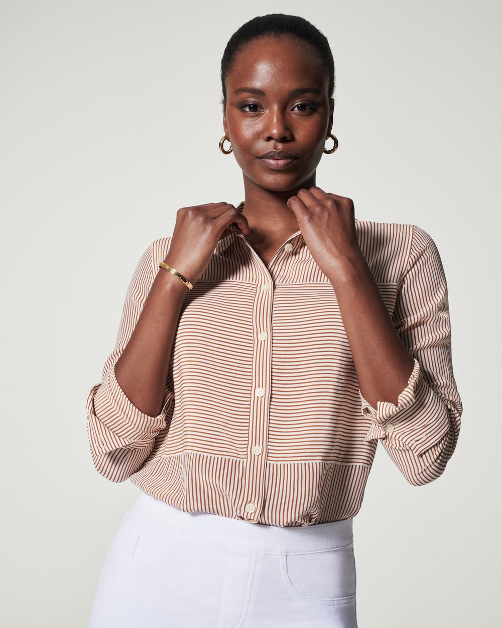 Spanx Low Maintenance Silk Button Down Stripes | NYOEGSF-17