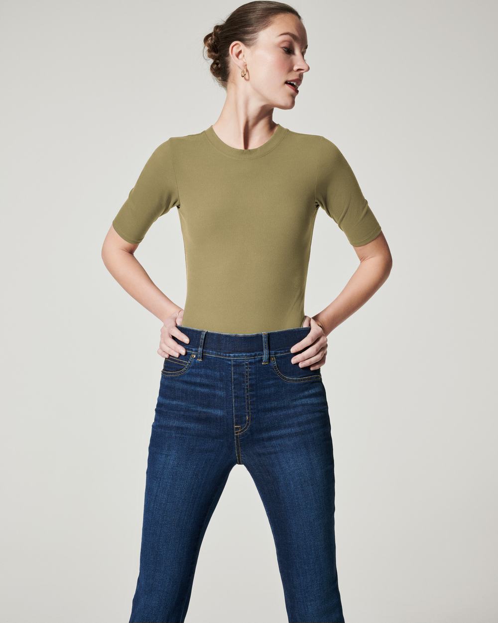 Spanx Suit Yourself Ribbed Crew Neck Short Sleeve Bodysuit Olive | NOKLMEB-58