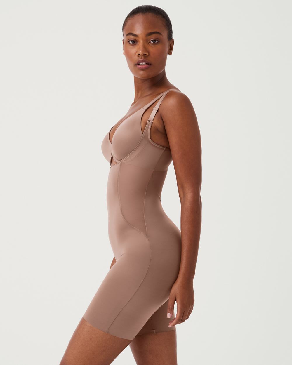 Spanx Shaping Satin Mesh Open-Bust Mid-Thigh Bodysuit Cafe Au Lait | TRZKMWE-05