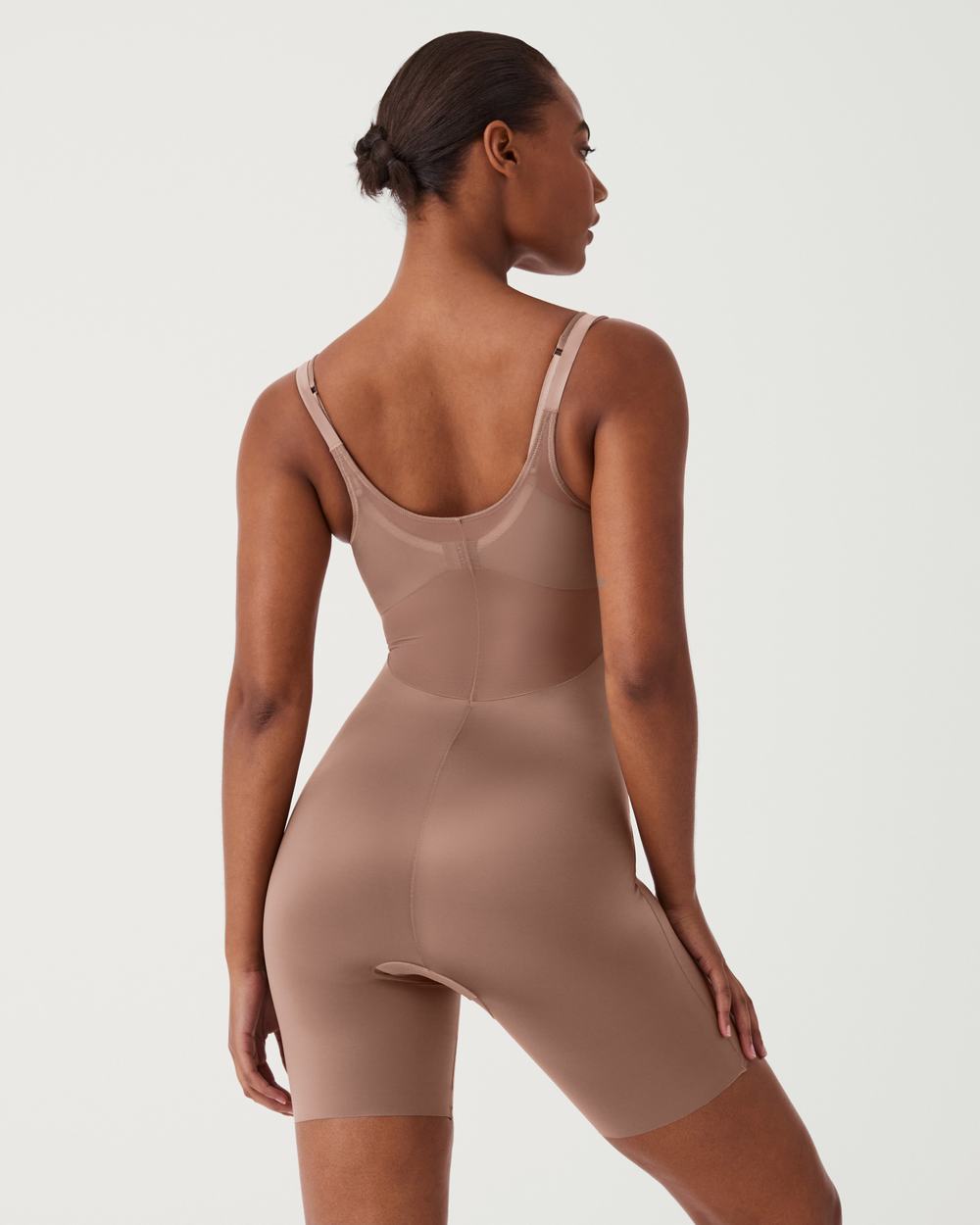 Spanx Shaping Satin Mesh Open-Bust Mid-Thigh Bodysuit Cafe Au Lait | TRZKMWE-05